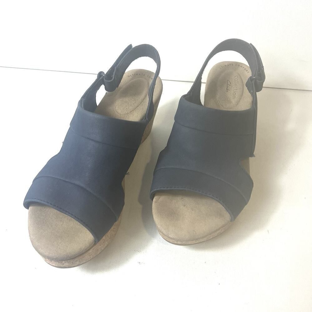 Clarks Collection Sandals Blue Nubuck Sling Back Open Toe Wedge Women's Sz 7.5 W - Picture 5 of 11